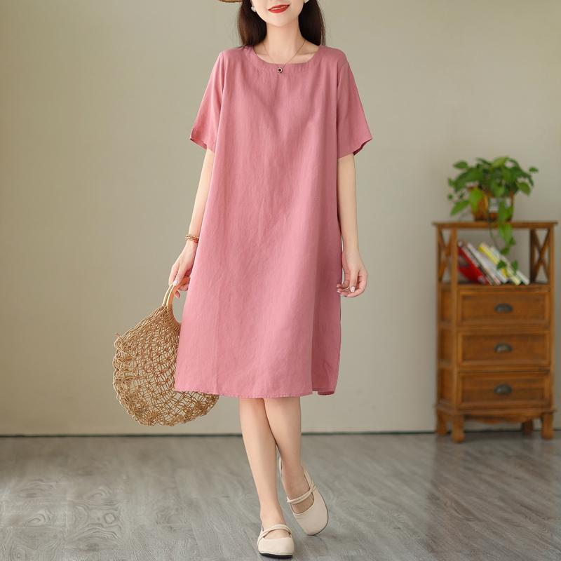Dimanaf 2025 Women Solid Linen Summer Print Dress Casual Ladies Basic Long Dress 9295