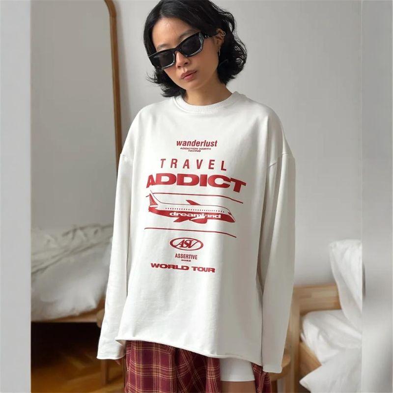European and American Fashion Print Cotton Long sleeve Mid-Length T-shirt Women Oversize Tee T Shirt Top Women