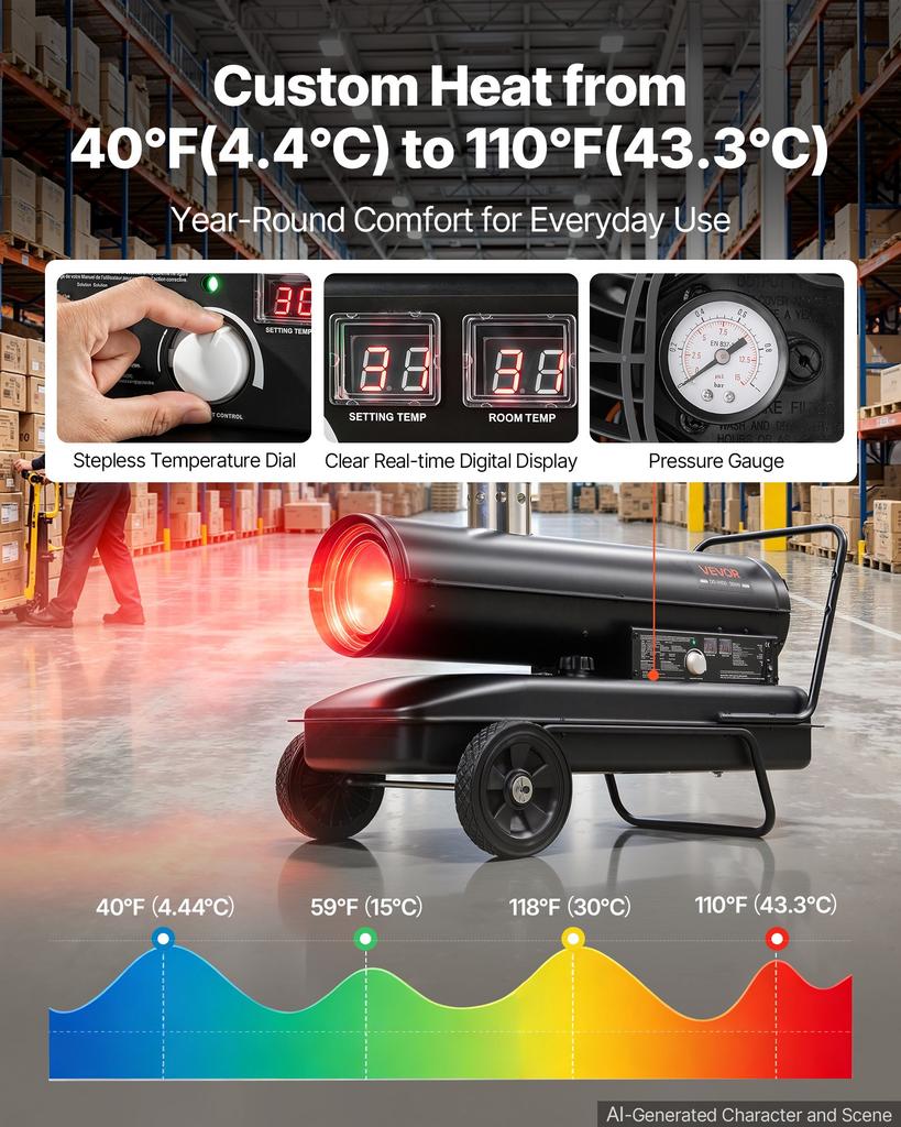 VEVOR Forced Air Kerosene Heater, 30 kW Output Diesel Torpedo Space Heater, for Garage, Warehouse, Workshop, Job Site, Construction