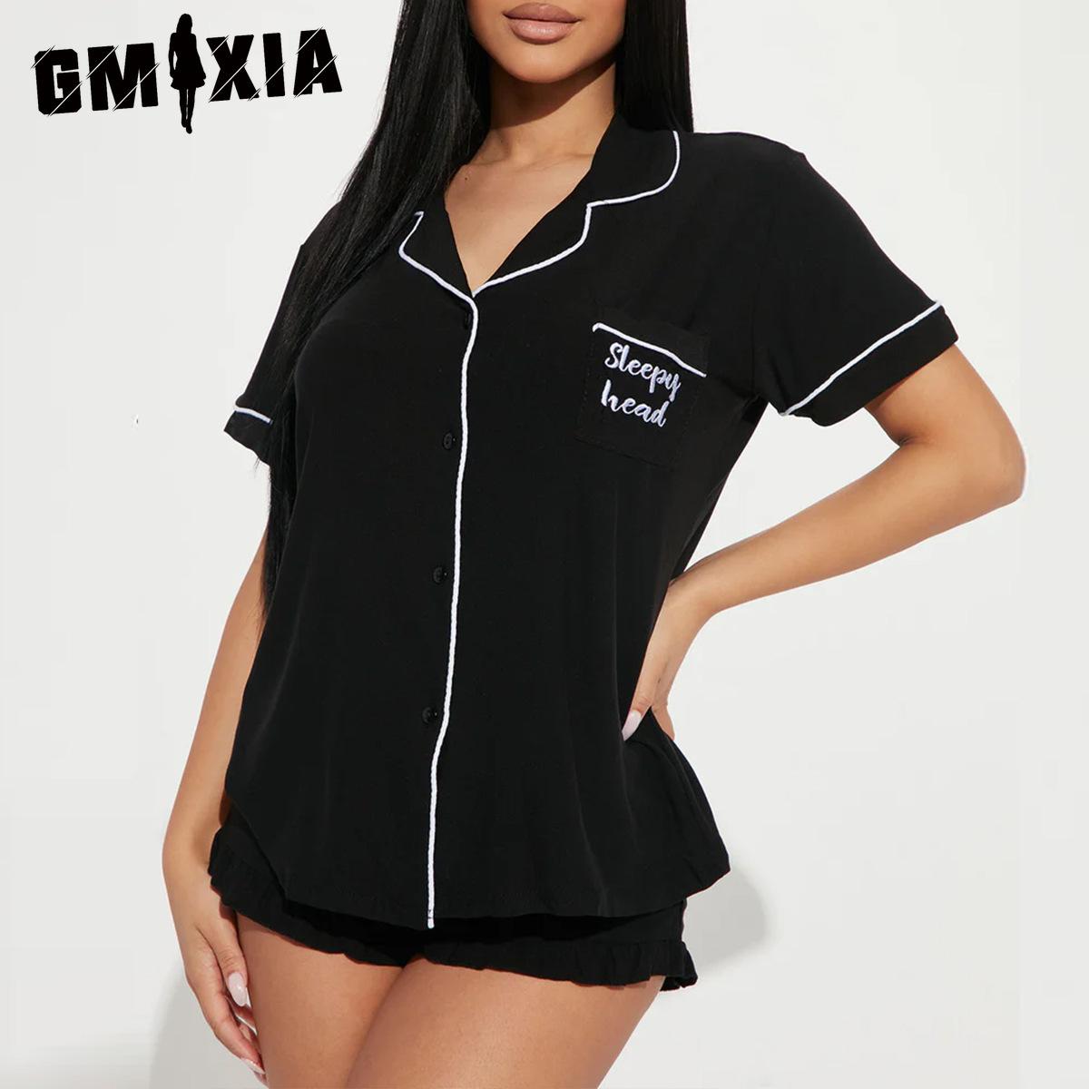 

GMXIA Pajamas Women s Summer POLO Neck Short-sleeved Shorts Loungewear Two-piece Set XL чёрный