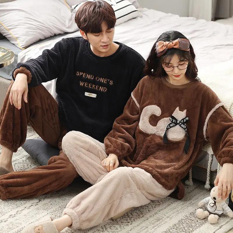 New Coral Velvet Couple Pajamas Women Thickened Autumn Winter Sleepwear Plus Velvet Flannel Men Round Collar Homewear Suit