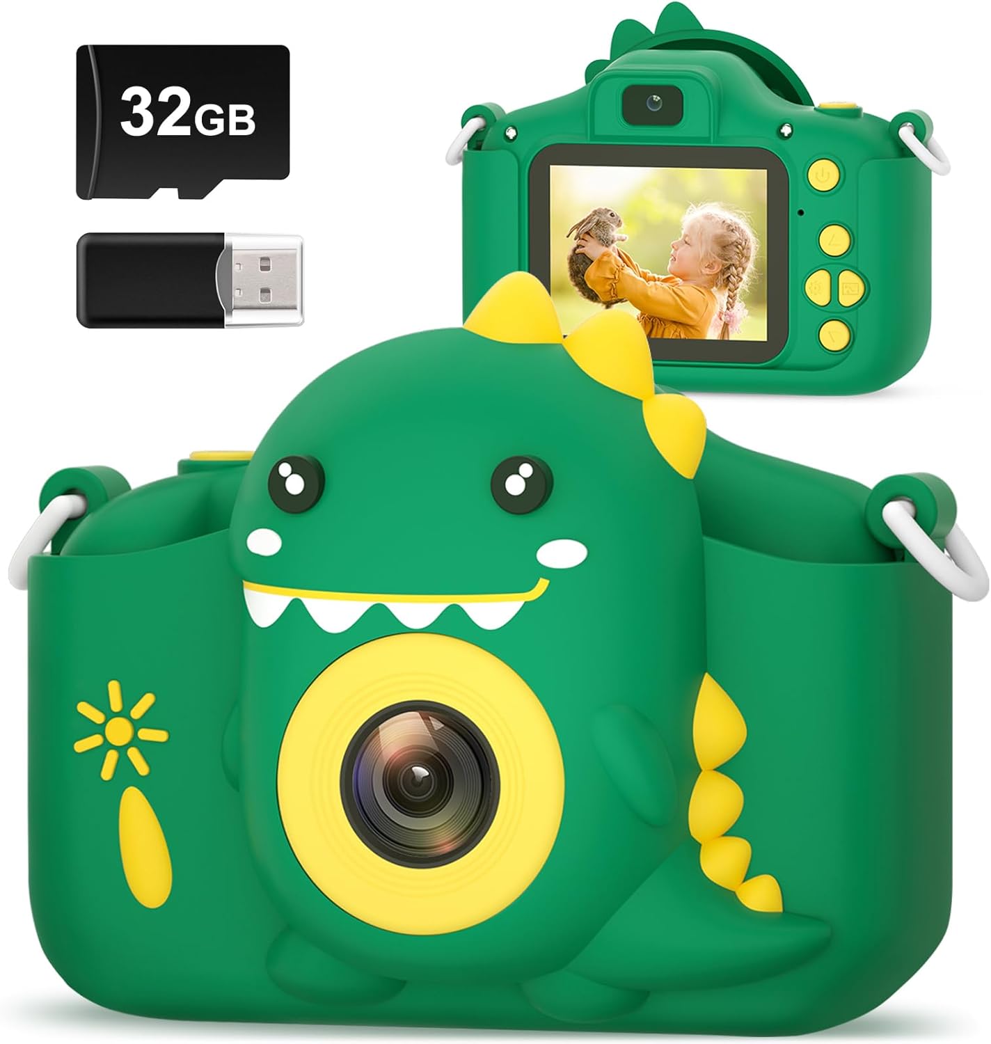 

Kids 20MP Dual Lens Camera, 2.0 IPS Screen, 1080P Video, 32GB Card, Shockproof, Green