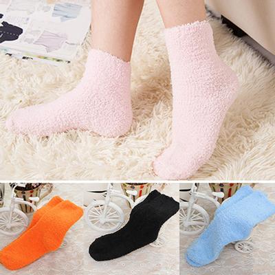 Women Girl Winter Warm Thicken Coral Fleece Fluffy Solid Color Sleep Bed Socks