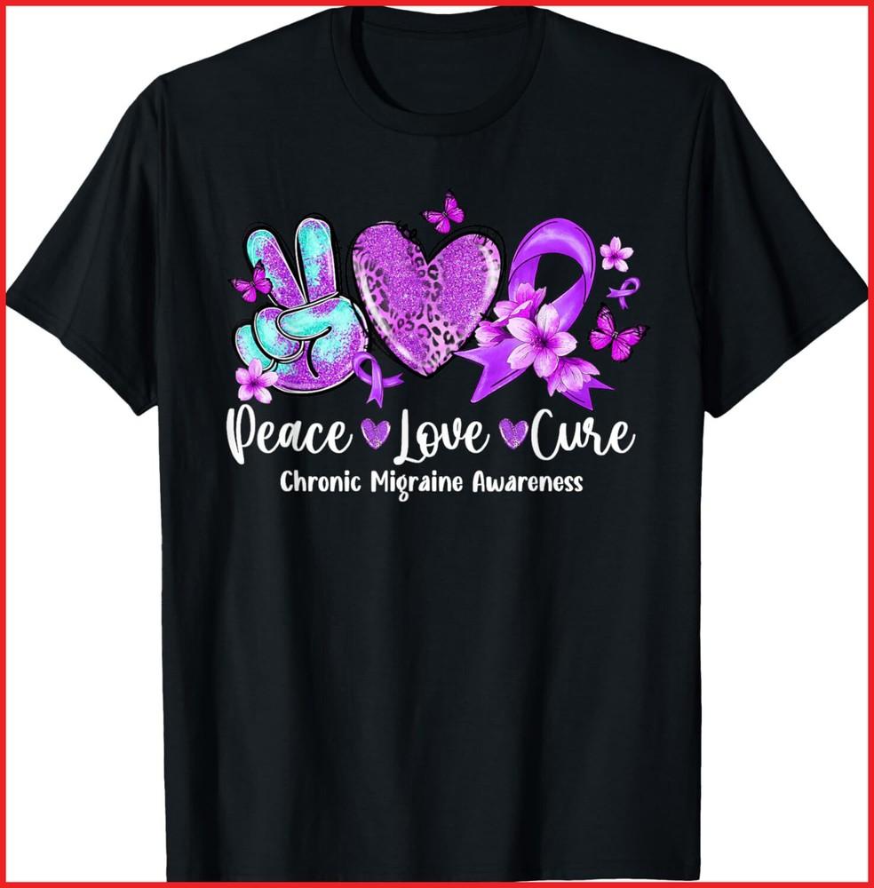 Peace Love Cure Purple Ribbon Chronic Migraine Awareness black T-Shirt Unisex T-Shirt S