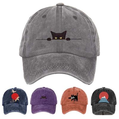 Unisex Czapka z daszkiem bawełniana na wiosnę dla mężczyzn z nadrukiem uroczego kota, casualowy sportowy daszek i czapka w stylu retro z efektem sprania
