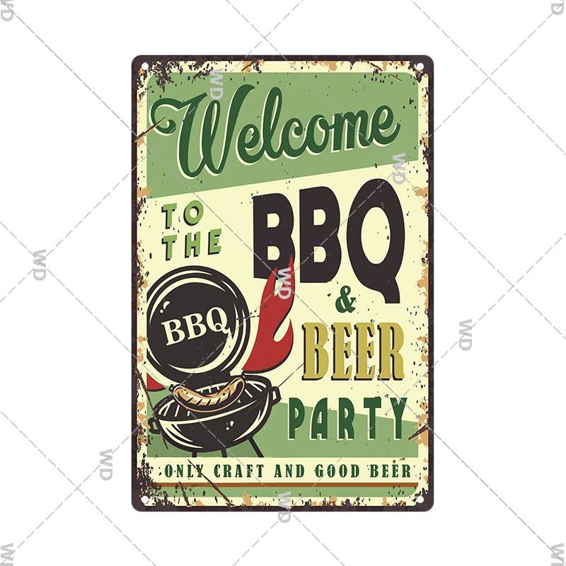 Dad's BBQ Party Metal Tin Plaque Retro Tin Signs Barbecue Rules Slogan Plate Vintage Grill Poster Yard Garden Kitchen Wall Decor