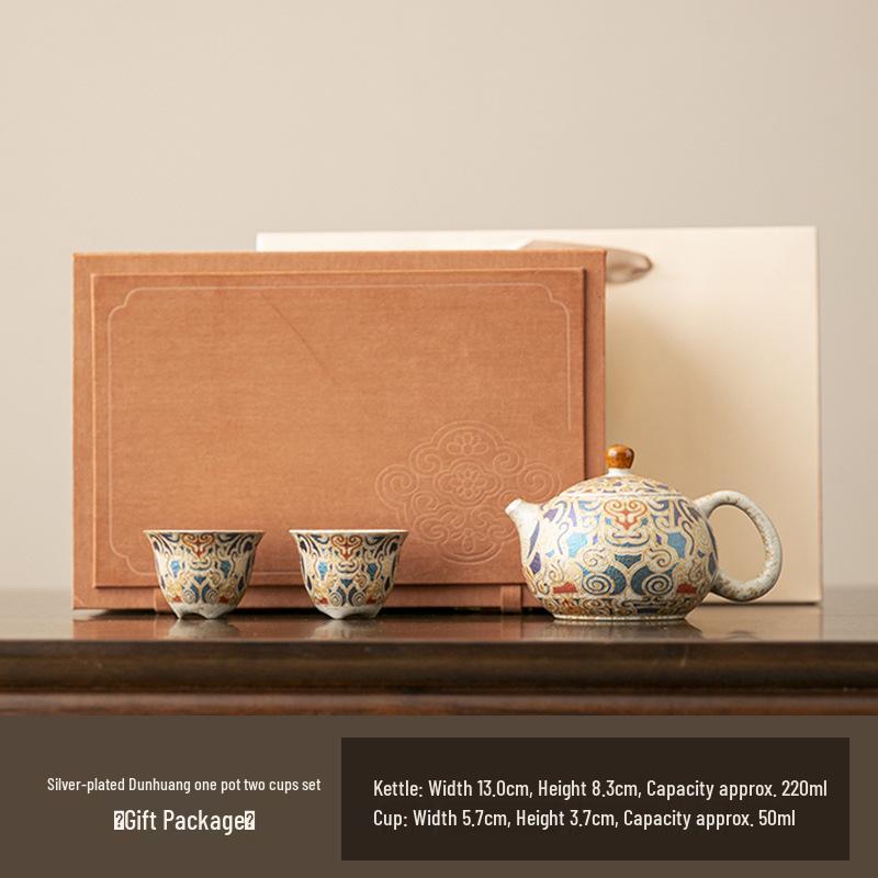 Silver-Plated Dunhuang Retro Gongfu Tea Set - Exquisite Ceramic Brewing & Drinking Utensils in Gift Box
