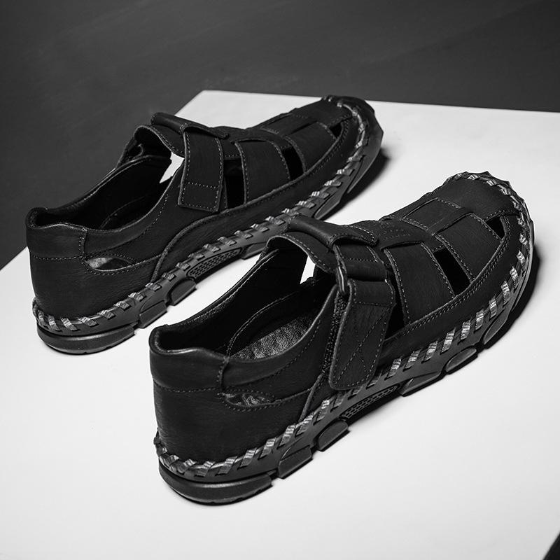Sandales d'été fermées en cuir pour hommes: Chaussures de pêcheur d'extérieur faites à la main