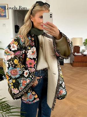 Hösttryckt kappa Dam Långärmad bomull Elegant jacka Lös vinter Casual Dam Streetwear Tjock Färgglad parkas