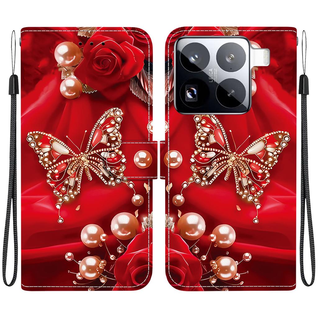 For Xiaomi 15 Pro Leather Case Stand Wallet Pattern Printing Phone Cover with Wrist Strap