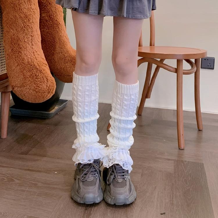 Japanese Women Cable Knitted Leg Warmer Cute Bow Tiered Ruffled Lace Calf Socks