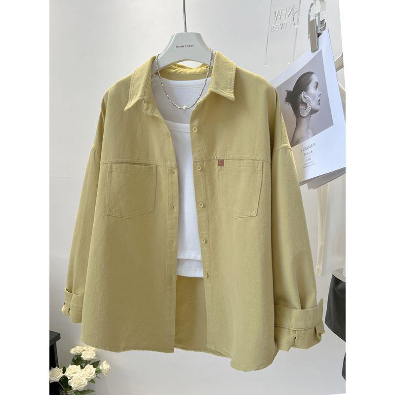 2025 Autumn Korean Style Slimming Long Sleeve Pocket Blouse S (85-100 lbs) жёлтый