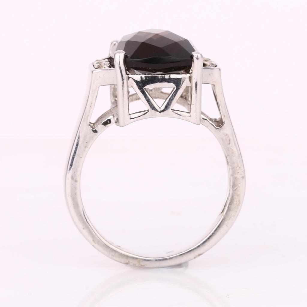 Smoky Quartz & White Topaz Ring 925 Sterling Silver Rhodium Plated Cushion Gemstone Ring for Women
