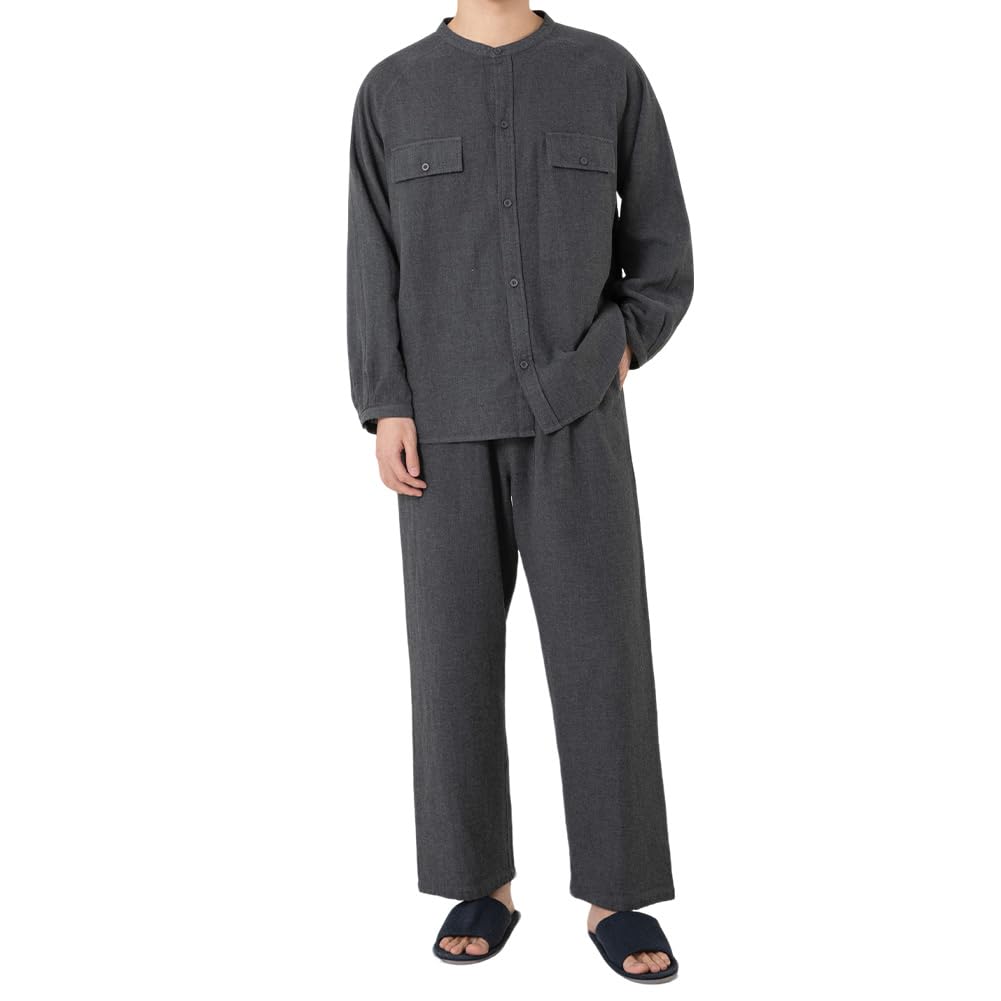 Yes Family Double Gauze Pajama Long Front Size Dark Gray Men's Set, Yarn-Dyed Gauze, 100% Cotton, Sleeves, Opening, Loungewear, XL,