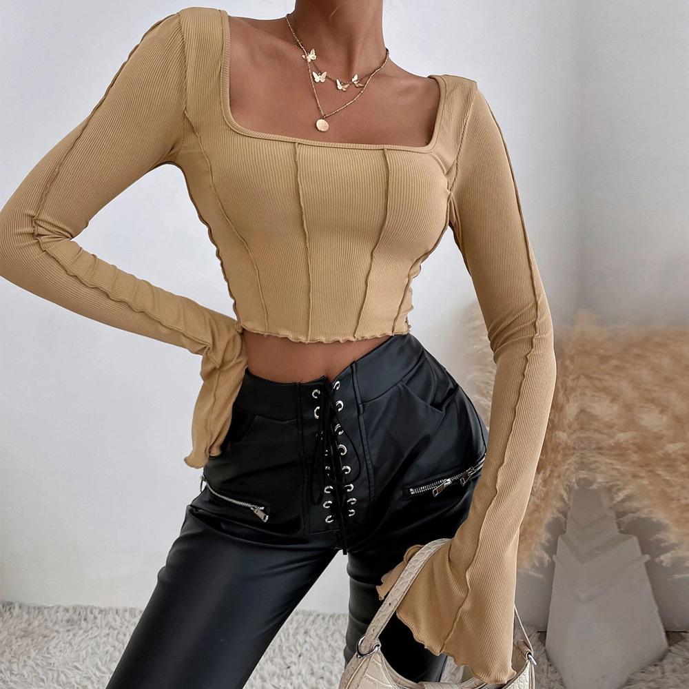 2024 Spring/Summer Women's Slim-Fit Long-Sleeve Square-Neck Pullover Knitted Top