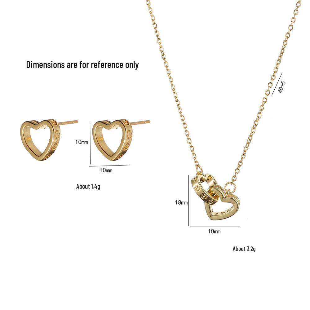 Women's Double Ring Heart Zircon Necklace & Peach Heart Earrings Set - Korean Fashion Style Clavicle Chain