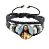 Virgin Mary Baby Jesus Christian Catholicism Jewelry Black Button Leather Bracelet Blessed Mother Religious Glass Cabochon Gift