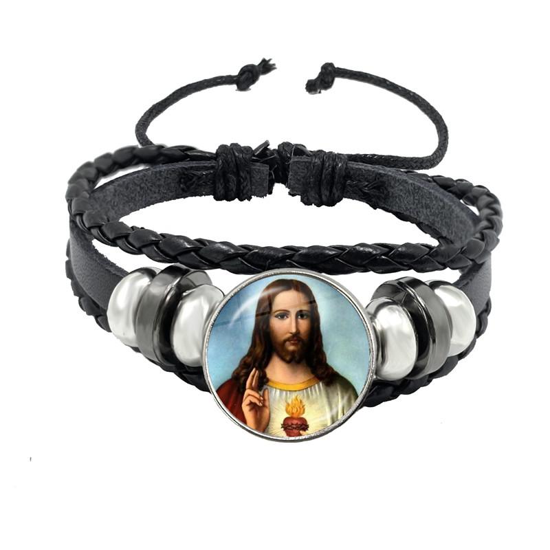 Virgin Mary Baby Jesus Christian Catholicism Jewelry Black Button Leather Bracelet Blessed Mother Religious Glass Cabochon Gift