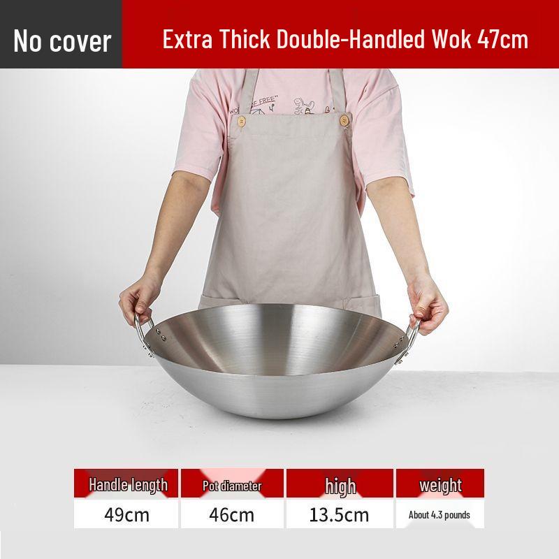 Extra Thick Stainless Steel Double Ear Wok - Large Round Bottom Pot for Commercial Kitchens, Gas Stove Compatible