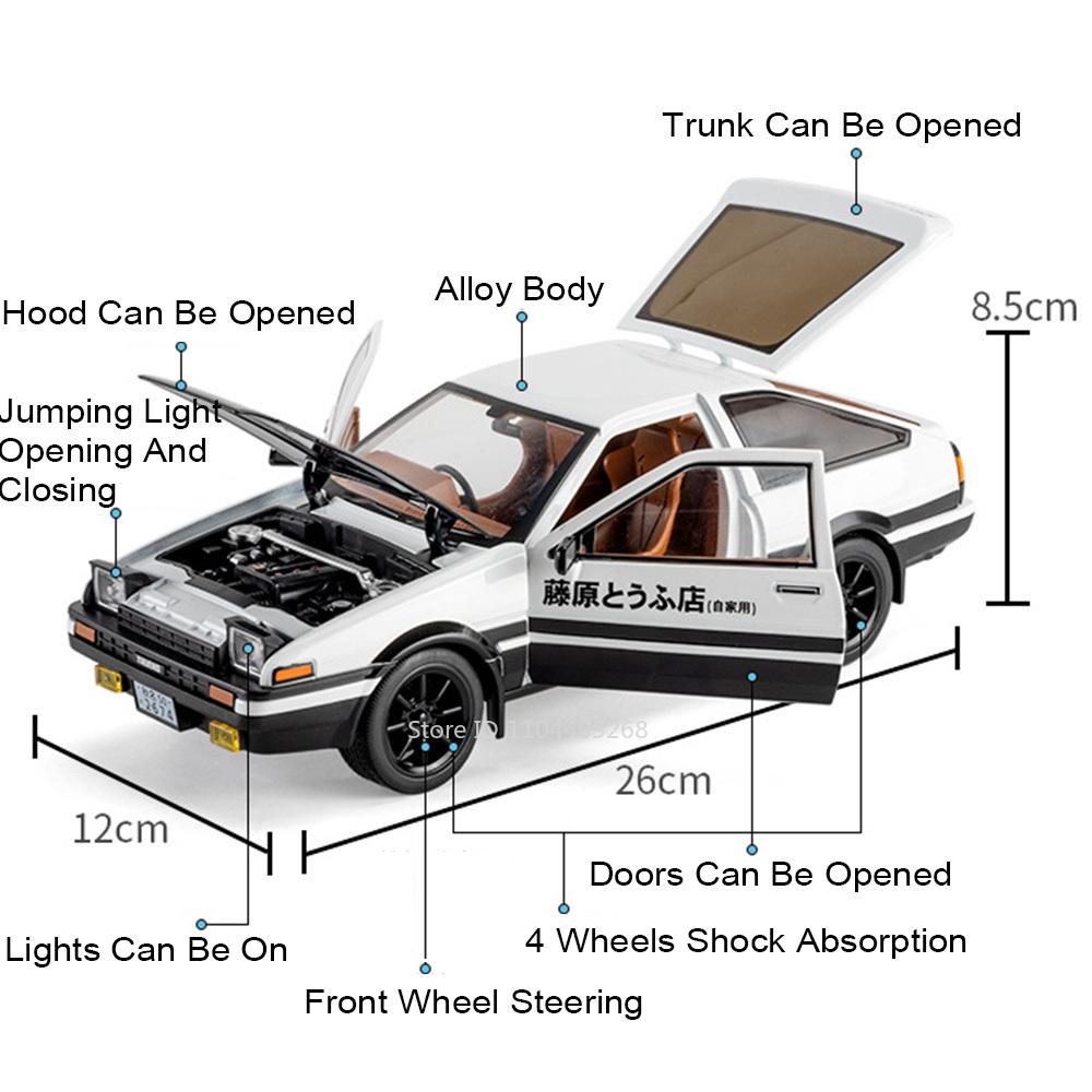 Large 1:18 Classic Movie AE86 Car Model Toy Alloy Diecast Sound Light Vehicle Wheel Steering Shock Absorption Models Kids Gifts