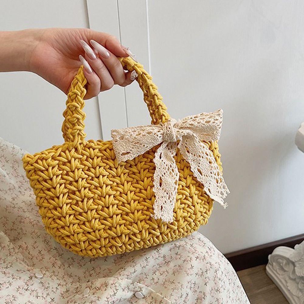 Lace Bowknot Beach Straw Bag Large Capacity Bucket Bag Trendy Braided Underarm Bag  Travel