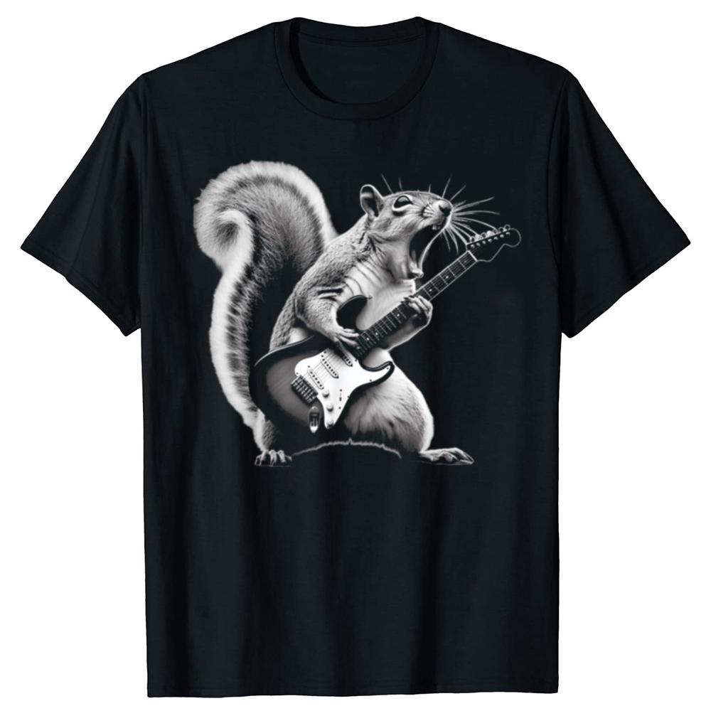Funny Squirrel Playing Guitar Rock and Roll T-shirt Men Women's Fashion Casual Tshirt 100% Cotton Loose Oversized T Shirt Summer