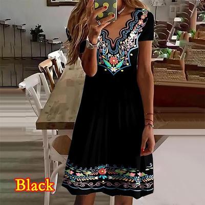 Women's Chic Floral Printing Summer Dresses Boho Style V-Neck Short Sleeve A-Line Dresses Soft and Comfortable Casual Dresses Knee Length Beach Dress