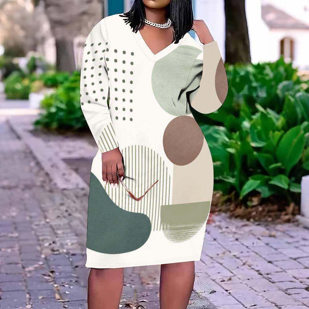 Women Plus Size V Neck Long Sleeve Abstract Printed Fitted Straight Dress