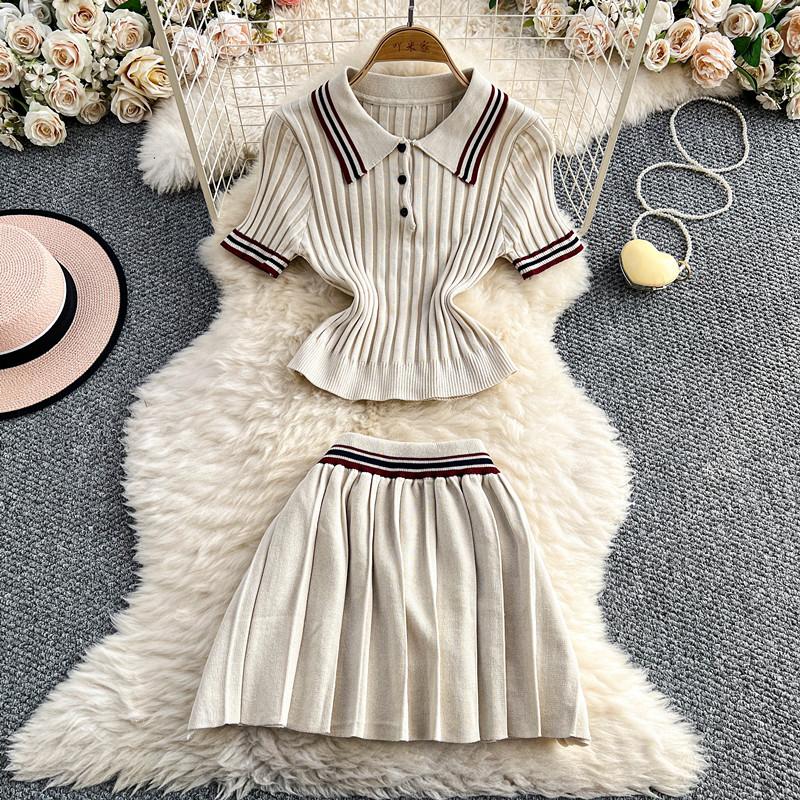 Summer Women College Style Knitted Sweater Two Piece Set Girl Polo Collar Pullover Top and Mini Pleated Skirt Suit