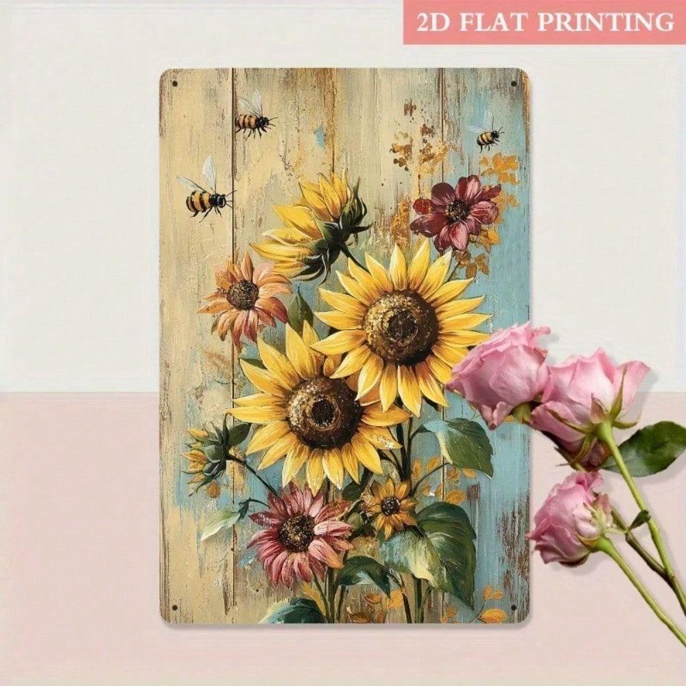 Vintage Sunflower Bee Metal Wall Art 20x30cm Rustic Farmhouse Porch Decor Tin Sign
