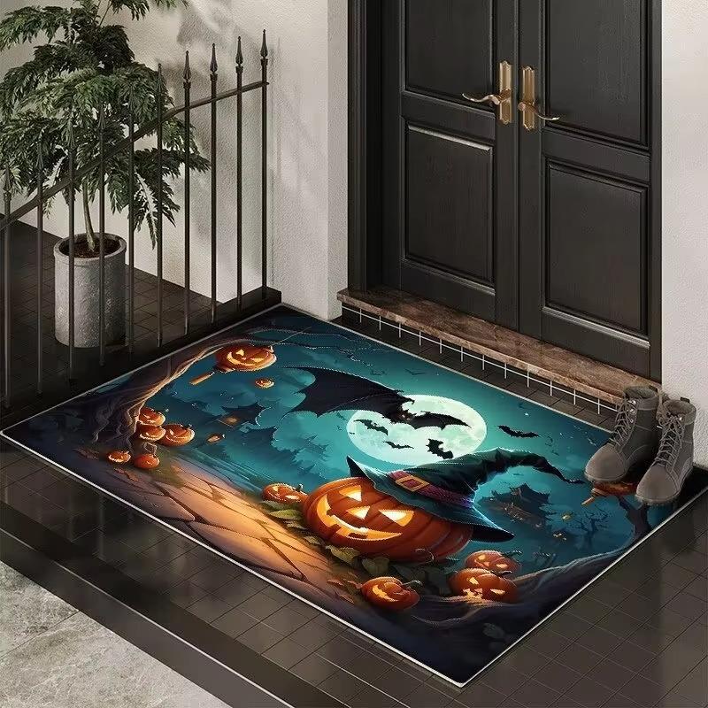 Halloween Themed Door Mat With Spooky Patterns Like Pumpkins Bats Black Cats Witches Non Slip Durable Entrance Rug