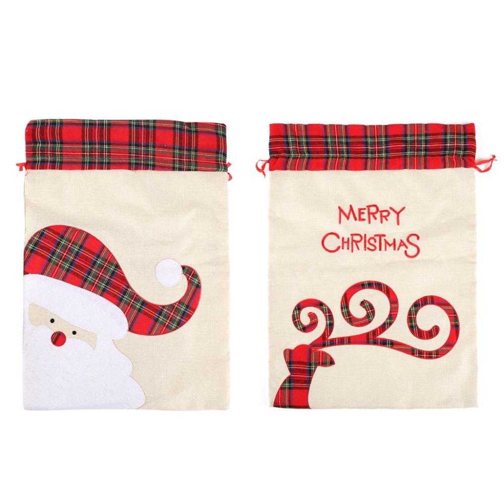 Large Christmas Gift Bag Plaid Applique Drawstring Pocket Candy Bag Christmas Handbag Xmas
