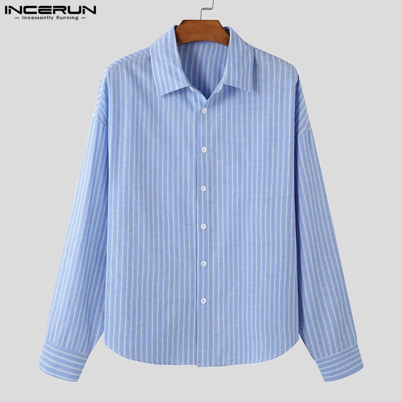 Oversized Men Incerun Neck Lapel Long Sleeve Striped Casual Loose Shirts Tops