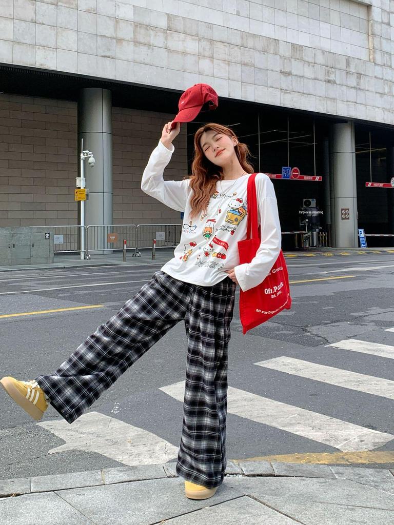 Damen Modische Karohose mit hohem Bund - Locker, Gerades Bein, Vielseitiger Herbststil