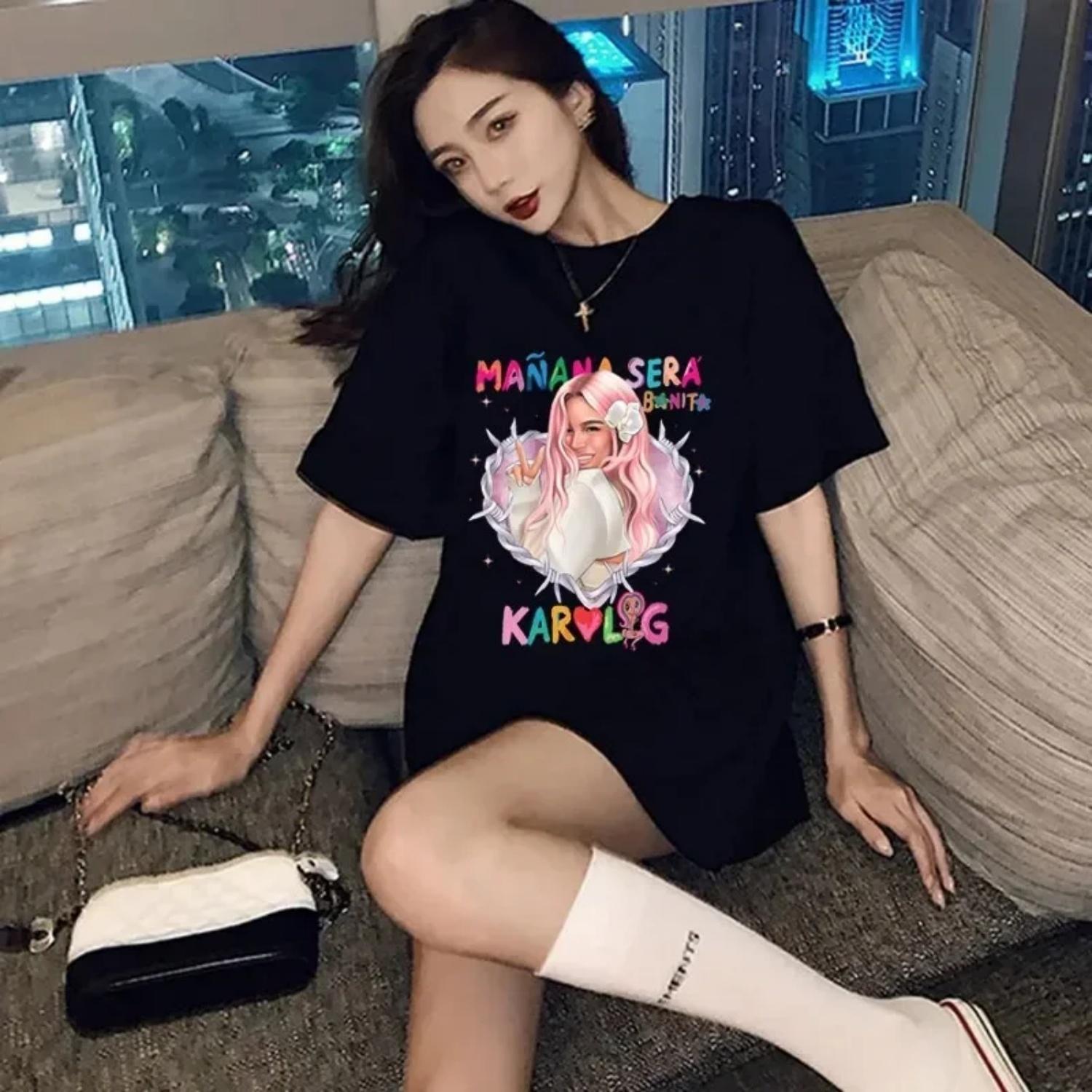 

Men Women Casual Kawaii Short Sleeve Tees Tops Streetwear Oversized y2k Top ropa Summer Karol G Bichota O-Neck T Shirt S чёрный