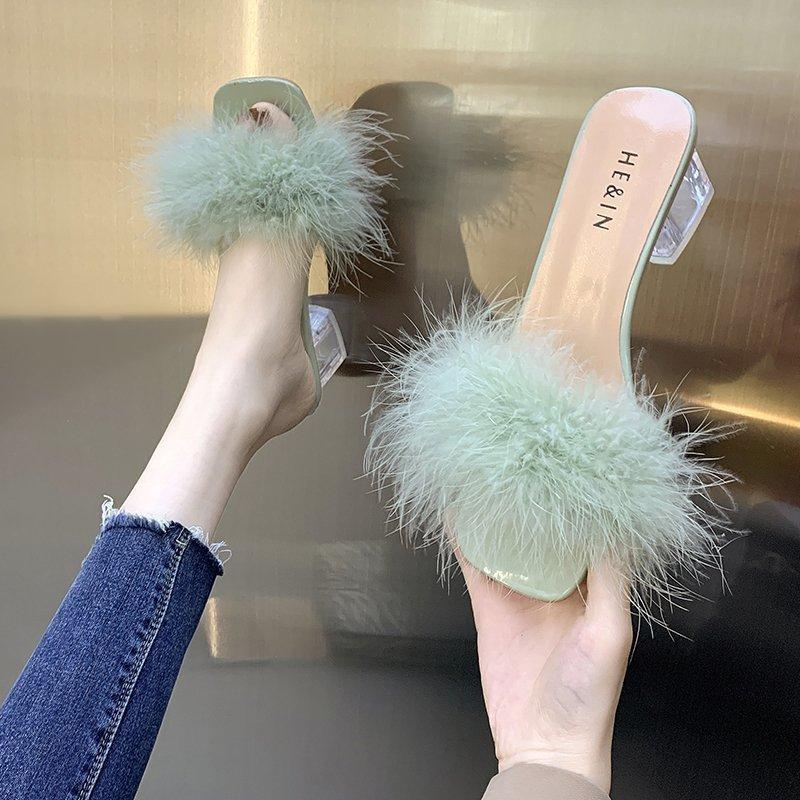Fashion Fashion Slippers Women's Summer New Open Toe Plush Fox Fur Chunky with Flip Flops Sexy Home Banquet Square Toe Simple Pumps