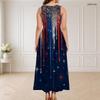 Women Plus Size Round Neck Triple Keyhole Cutout Sleeveless Printed Red Blue Beige Long Dress