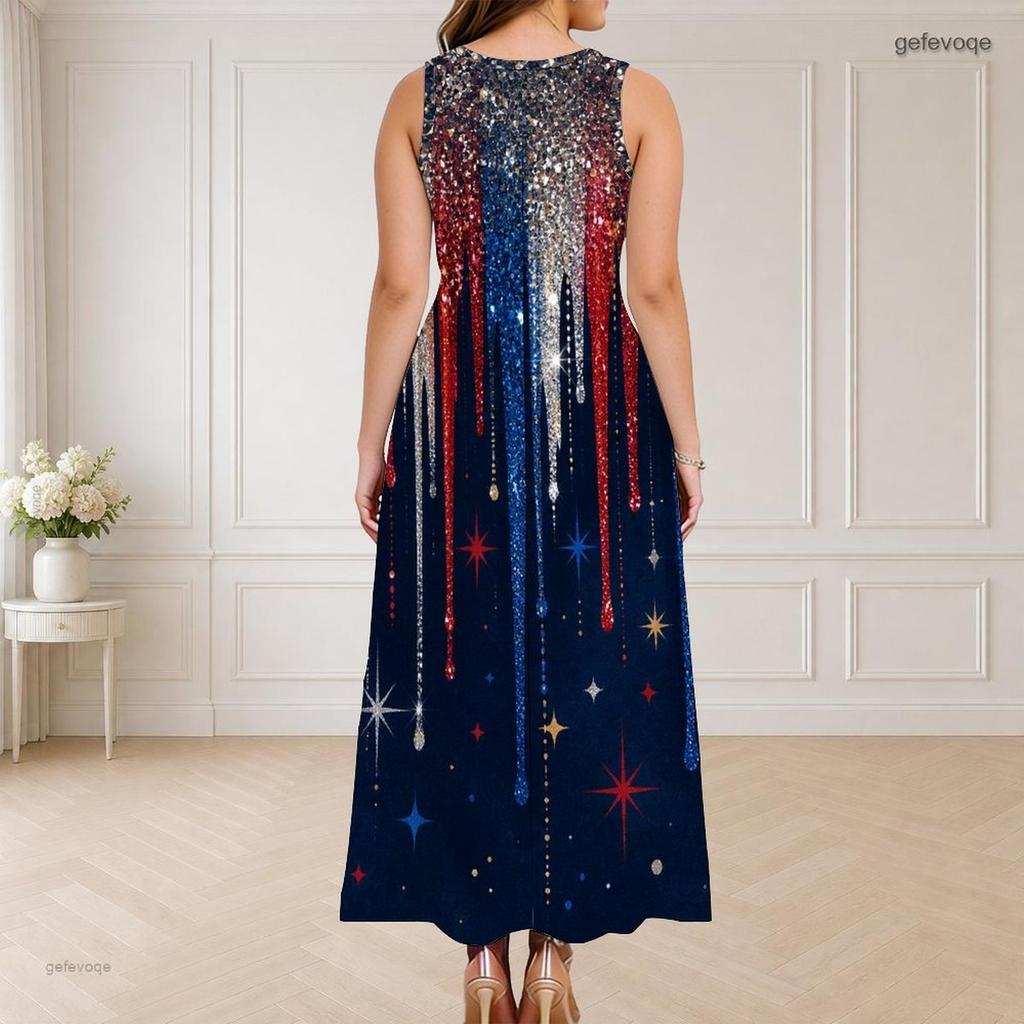 Women Plus Size Round Neck Triple Keyhole Cutout Sleeveless Printed Red Blue Beige Long Dress