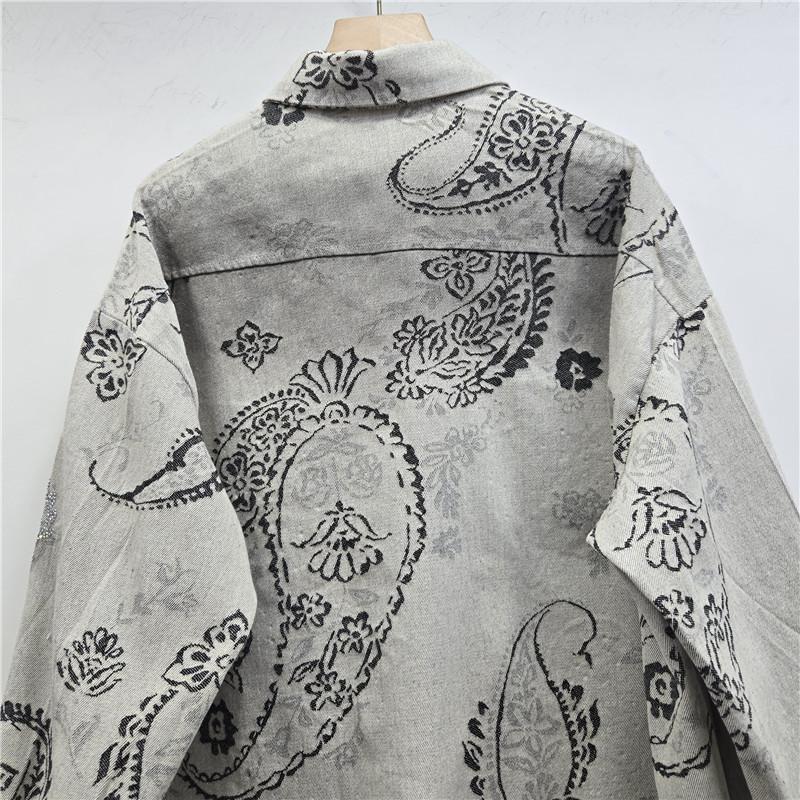 2026 Spring Rhinestone Jacquard Denim Long Sleeve Shirt Jacket - Women's Loose-Fit Mid-Length Top