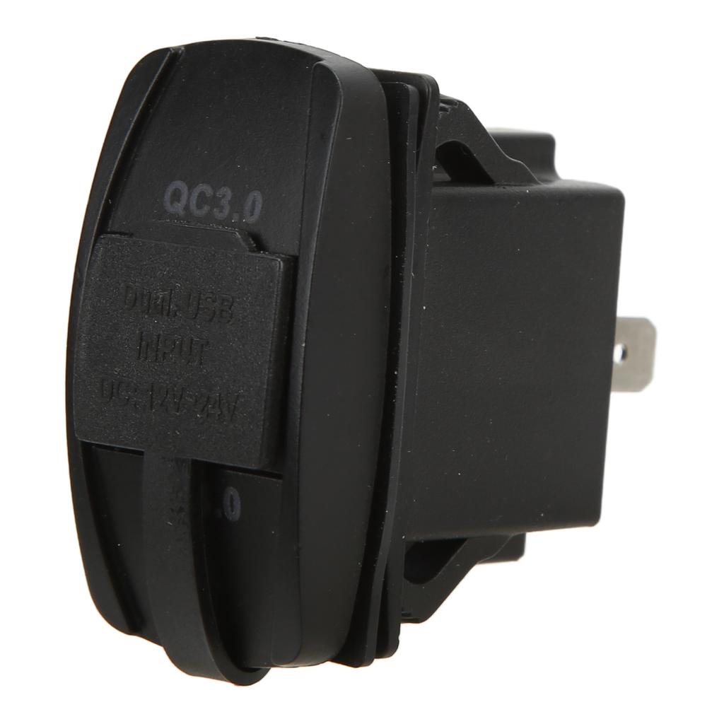 Black Universal Rocker Switch Style Dual USB Car Charger QC3.0 Fast Charge Socket with LED Backlight