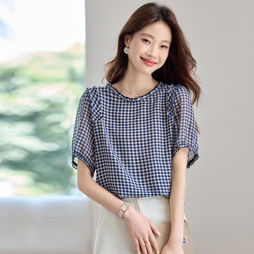 Design sense fungus edge round neck plaid shirt top women's summer new loose and thin shirt tide