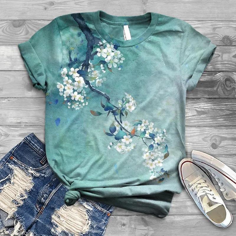 Plus Size Xl-7xl Summer Trend Pear Blossom Print Round Neck Short Sleeved Printed T-shirt