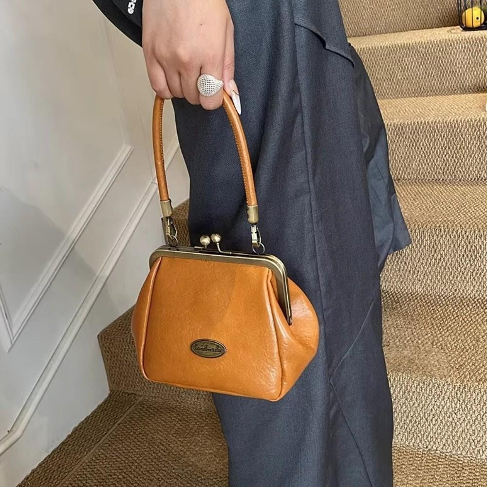 Vintage Kiss Lock Crossbody Bag PU Leather Solid Color Small Handbag Large Capacity Shoulder Bag