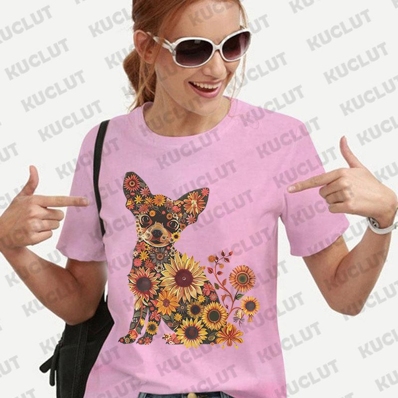 

Женская футболка с цветочным принтом чихуахуа, модная блузка с коротким рукавом, футболки в стиле харадзюку улззанг, летние топы в стиле Y2k, эстетичная женская одежда 4XL