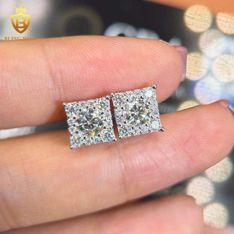 Hot Saling Moissanite Jewelry HipHop Square Earrings Iced Out Moissanite 925 Silver Stud Earrings Unisex Past Diamond Test GRA
