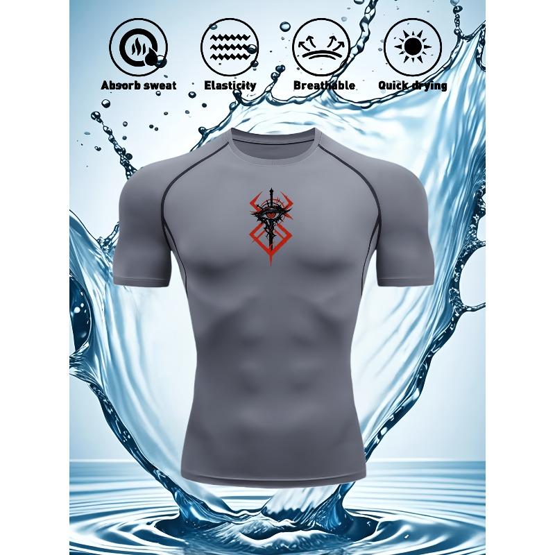Men's Compression Shirt Quick Dry Navy Blue Gym T-Shirt Red Mystical Symbol Print Workout Sportswear