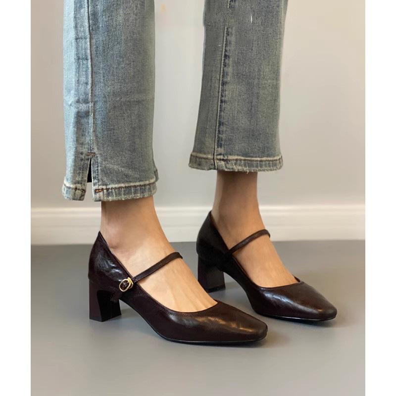 Simple French high heels thick heel with Mary Jane shoes women's brown thin commuter shoes