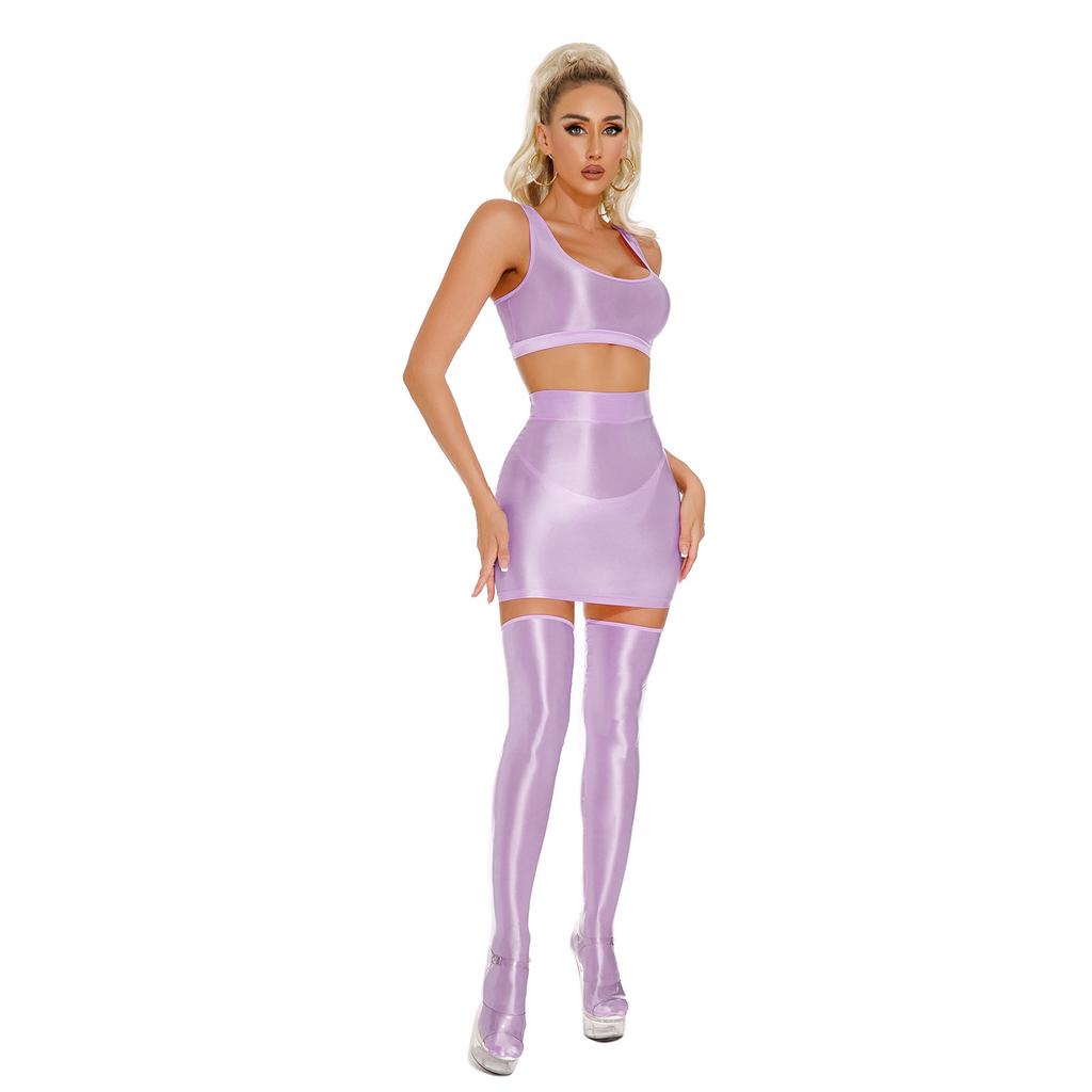 Womens Glossy Crop Top Skirt Set Sleeveless Racerback with Thigh High Stockings Partywear