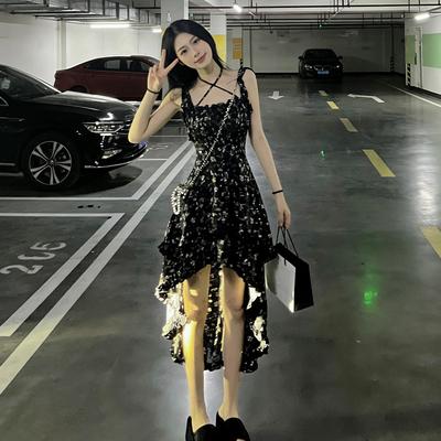 French Black Floral Suspender Dress Women's Summer New Cross-strap Waist and Thin Irregular Long Dress