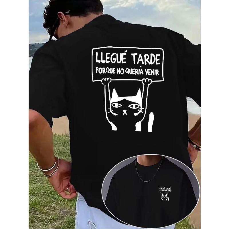 European Size Men s Spanish Cat Print T-Shirt - Funny Late Spanish Cat Short Sleeve Crew Neck Tee with Front&Back Spanish Phrase, Breathable Fabric S чёрный